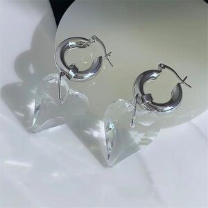 Korean Vintage Glass Heart Pendant Silver Drop Earrings